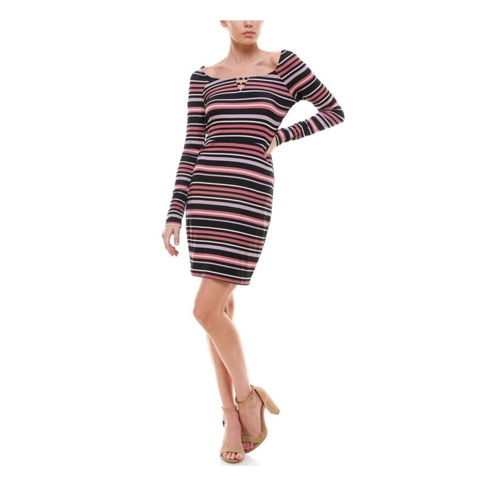 PLANET GOLD Womens Body Con Short Dress Black Long Sleeve Scoop Neck Juniors S